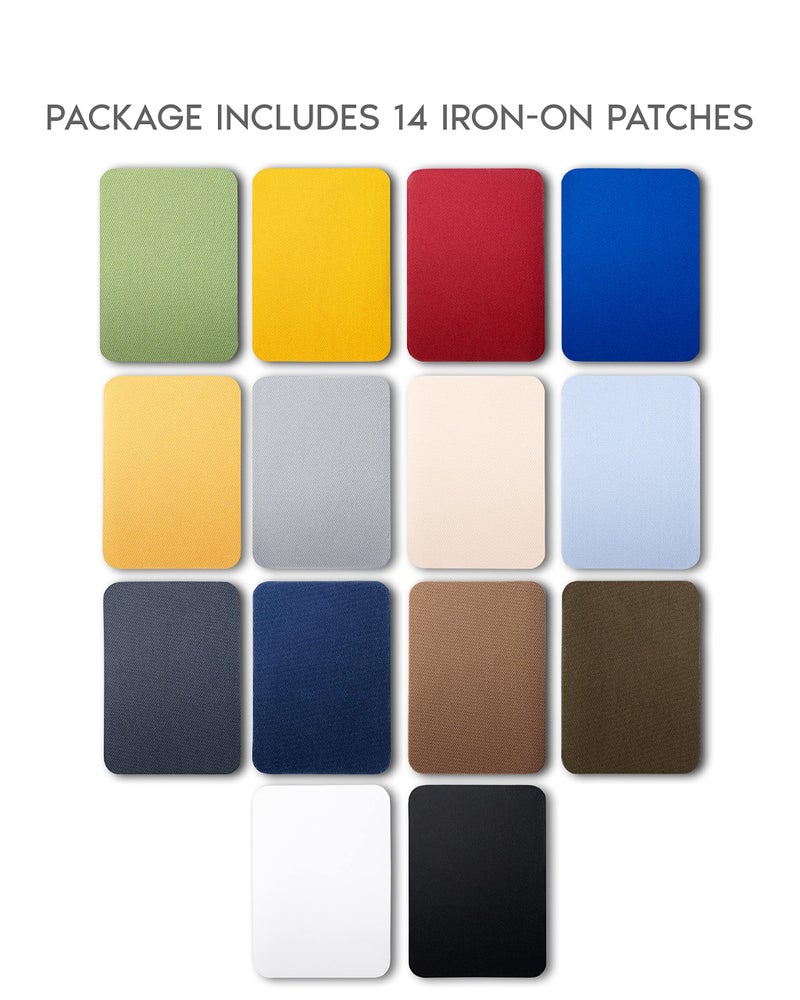 ZEFFFKA Premium Quality Fabric Iron-on Patches Inside & Outside Strongest Glue 100% Cotton Blue Gray Beige Brown Yellow Red Green Repair Decorating Kit 14 Pieces Size 3" by 4-1/4" (7.5 cm x 10.5 cm) - Image 2